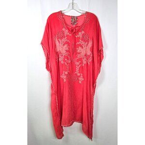 Johnny Was Peach Pink Embroidered Kaftan Dress Medium Boho Resortwear Party